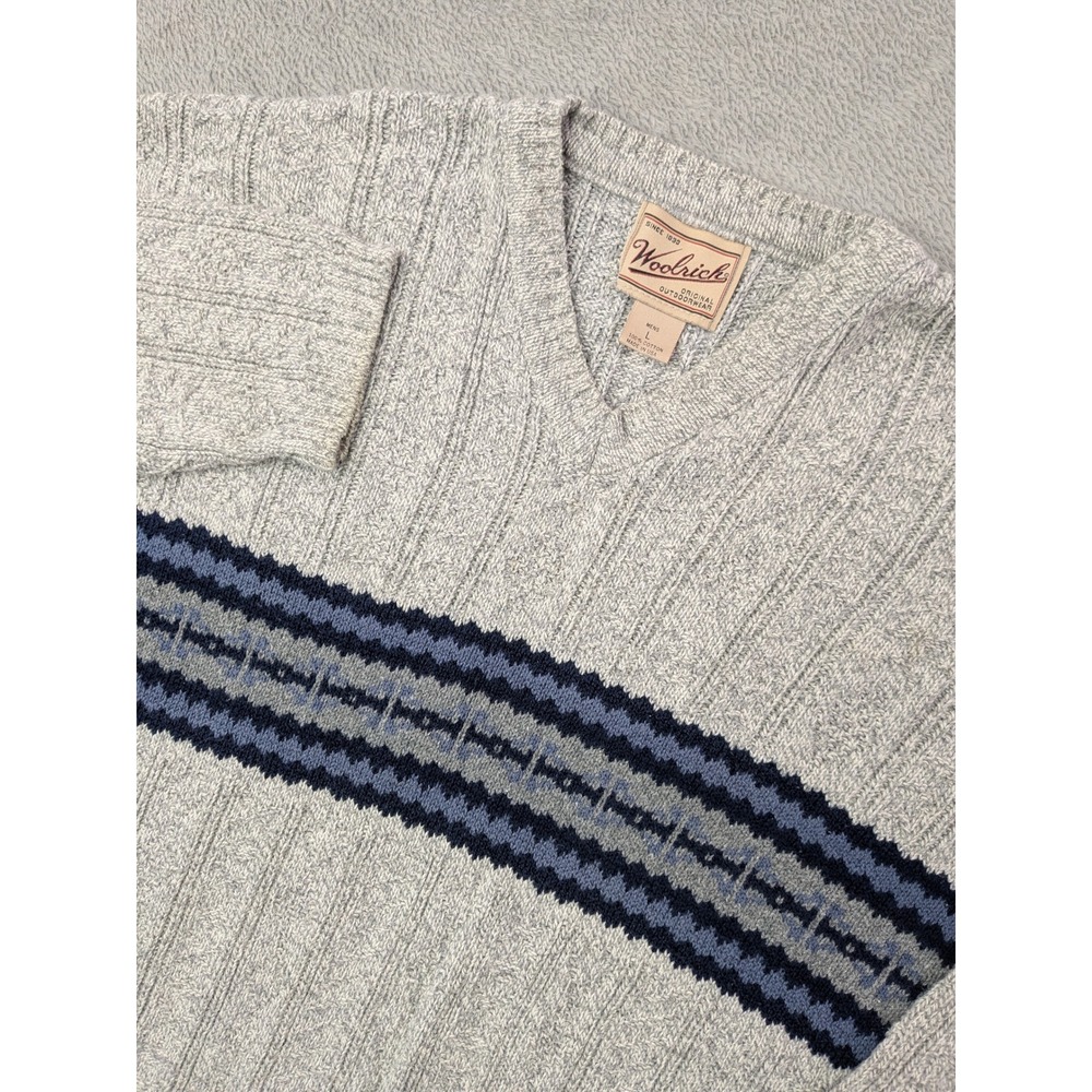 Vtg Woolrich Mens L Grey Cable Knit V Neck Sweater Blue Stripe 100% Cotton USA